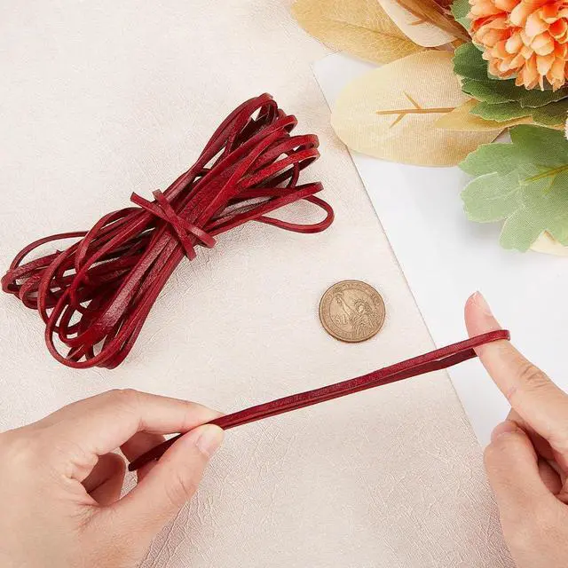 Alt view image 3 of 6 - 5M x 3mm Flat Leather Cord Genuine Leather Strip 2mm Thick Cowhide Leather String Braiding Thread Rope for Bracelets Neckacle Jewellery Making Boot Lace Belts DIY Beading Crafts, Dark Red