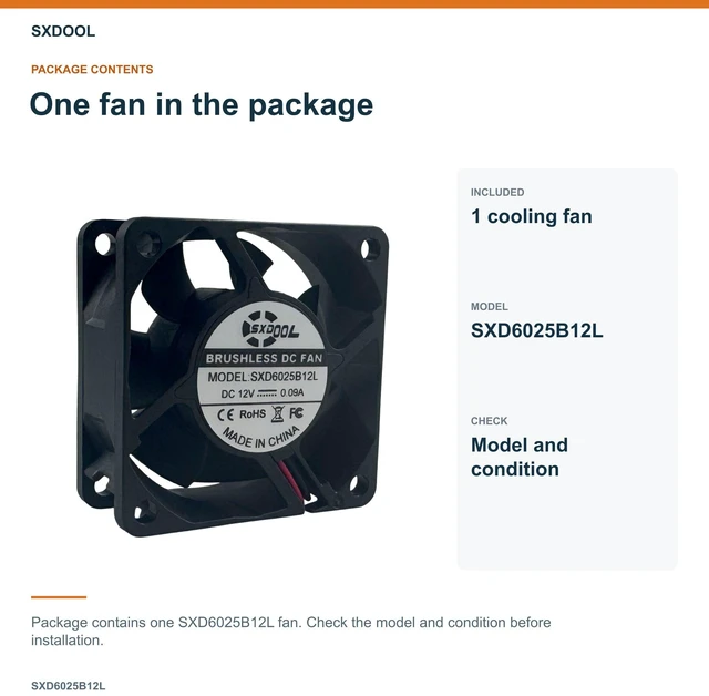 Alt view image 7 of 7 - SXDOOL SXD6025B12L Potted DC Cooling Fan, 60 x 60 x 25 mm, 12V DC