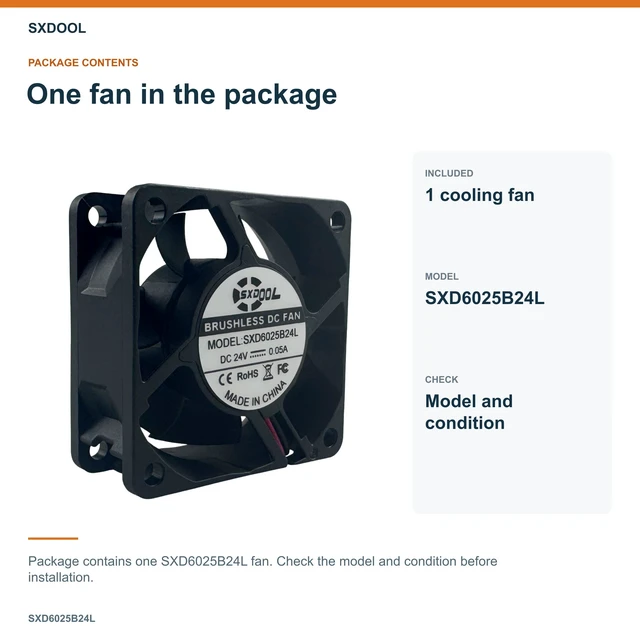 Alt view image 7 of 7 - SXDOOL SXD6025B24L Potted DC Cooling Fan, 60 x 60 x 25 mm, 24V DC