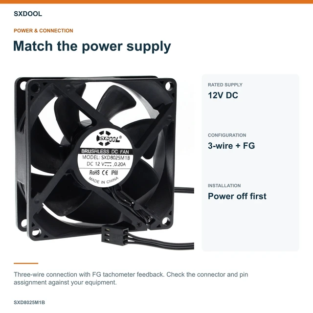 Alt view image 3 of 7 - SXDOOL SXD8025M1B Coated DC Cooling Fan, 80 x 80 x 25 mm, 12V DC