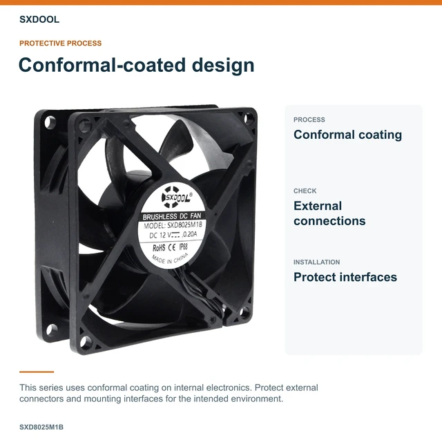 Alt view image 4 of 7 - SXDOOL SXD8025M1B Coated DC Cooling Fan, 80 x 80 x 25 mm, 12V DC