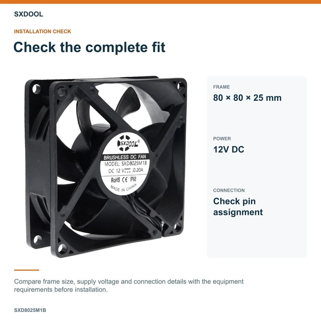 Alt view image 7 of 7 - SXDOOL SXD8025M1B Coated DC Cooling Fan, 80 x 80 x 25 mm, 12V DC