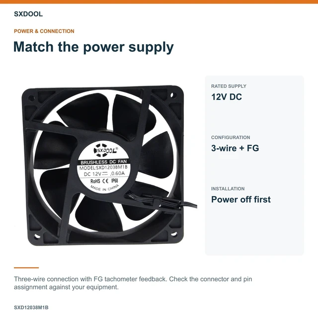 Alt view image 9 of 13 - SXDOOL SXD12038M1B Industrial Axial Cooling Fan, 120 x 120 x 38 mm, 12V DC 0.60A, 3600 RPM, 3-Pin, Dual Ball Bearing, IP68-Marked