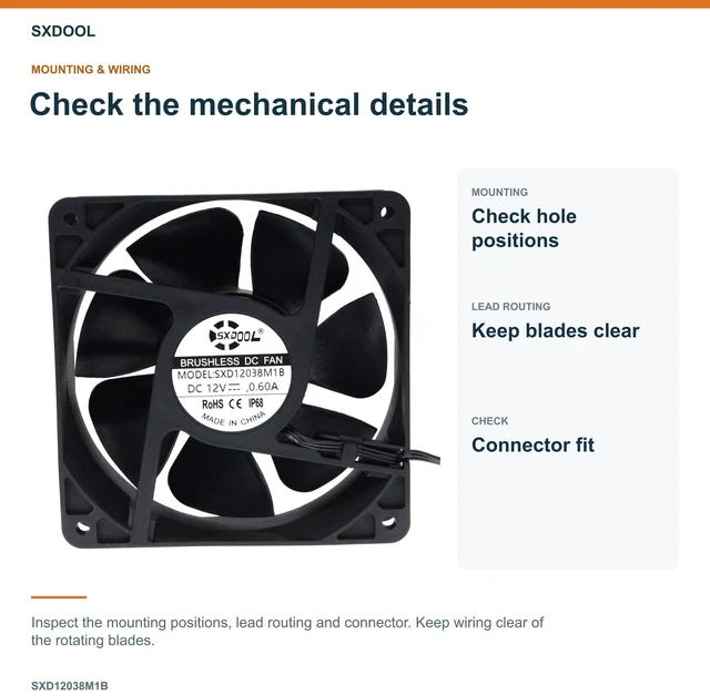 Alt view image 11 of 13 - SXDOOL SXD12038M1B Industrial Axial Cooling Fan, 120 x 120 x 38 mm, 12V DC 0.60A, 3600 RPM, 3-Pin, Dual Ball Bearing, IP68-Marked