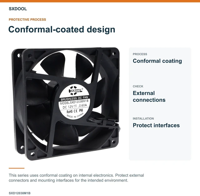 Alt view image 10 of 13 - SXDOOL SXD12038M1B Industrial Axial Cooling Fan, 120 x 120 x 38 mm, 12V DC 0.60A, 3600 RPM, 3-Pin, Dual Ball Bearing, IP68-Marked
