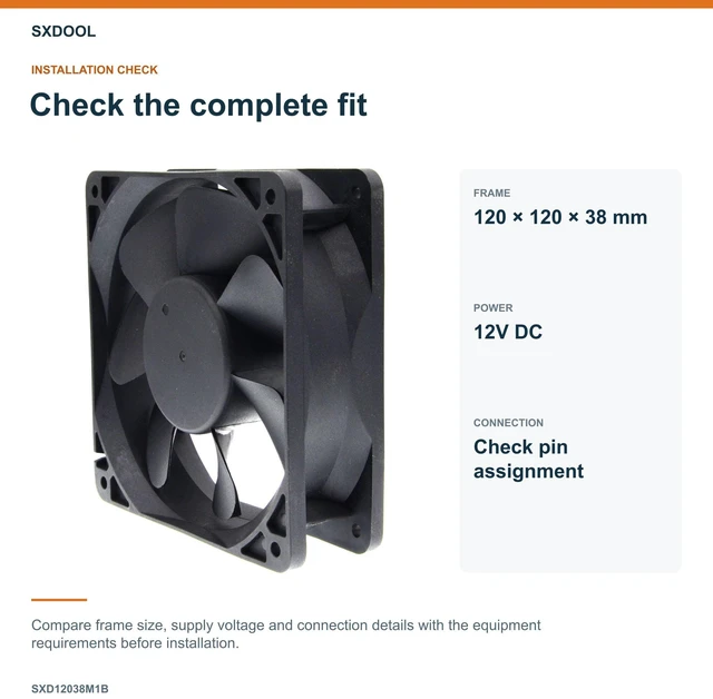 Alt view image 13 of 13 - SXDOOL SXD12038M1B Industrial Axial Cooling Fan, 120 x 120 x 38 mm, 12V DC 0.60A, 3600 RPM, 3-Pin, Dual Ball Bearing, IP68-Marked