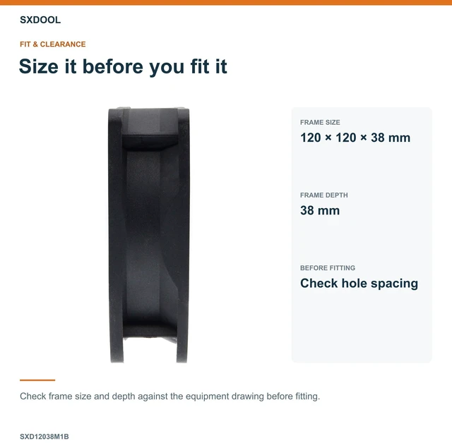 Alt view image 8 of 13 - SXDOOL SXD12038M1B Industrial Axial Cooling Fan, 120 x 120 x 38 mm, 12V DC 0.60A, 3600 RPM, 3-Pin, Dual Ball Bearing, IP68-Marked