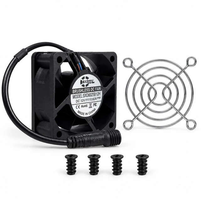 Main image of SXDOOL 60mm 12V Potted IP68 Waterproof Cooling Fan, 6000 RPM High Speed, Dual Ball Bearings, Waterproof Connector, Guard and Screws