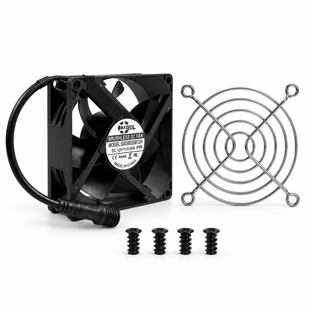 Main image of SXDOOL 80mm 12V Potted IP68 Waterproof Cooling Fan, 6000 RPM High Speed, Dual Ball Bearings, Waterproof Connector, Guard and Screws
