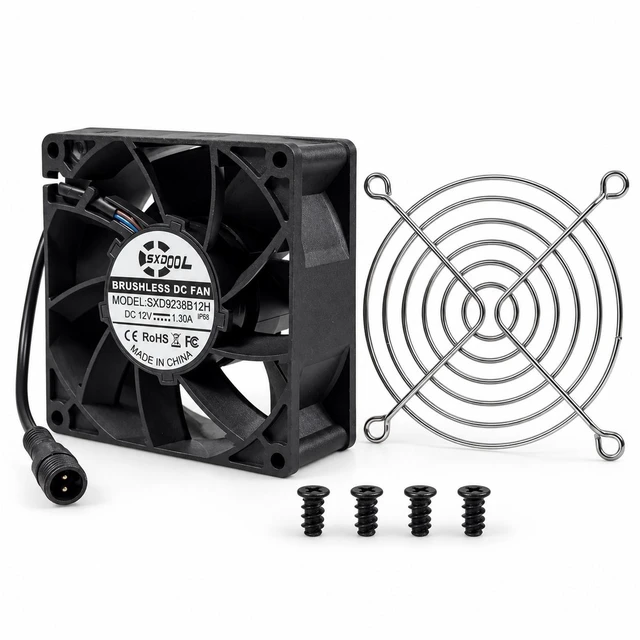 Main image of SXDOOL 92mm 12V Potted IP68 Waterproof Cooling Fan, 6000 RPM High Speed, Dual Ball Bearings, Waterproof Connector, Guard and Screws