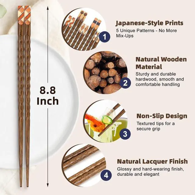 Alt view image 3 of 7 - Antner 5 Pairs Wooden Chopsticks Reusable Classic Japanese Style Chop Sticks Dishwasher Safe Hand-Carved Hardwood Chopsticks for Sushi, Ramen, Hot Pot and Asian Cuisine, 8.8 Inch/22.5cm Gift Set