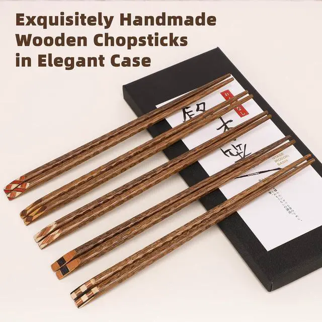 Alt view image 4 of 7 - Antner 5 Pairs Wooden Chopsticks Reusable Classic Japanese Style Chop Sticks Dishwasher Safe Hand-Carved Hardwood Chopsticks for Sushi, Ramen, Hot Pot and Asian Cuisine, 8.8 Inch/22.5cm Gift Set