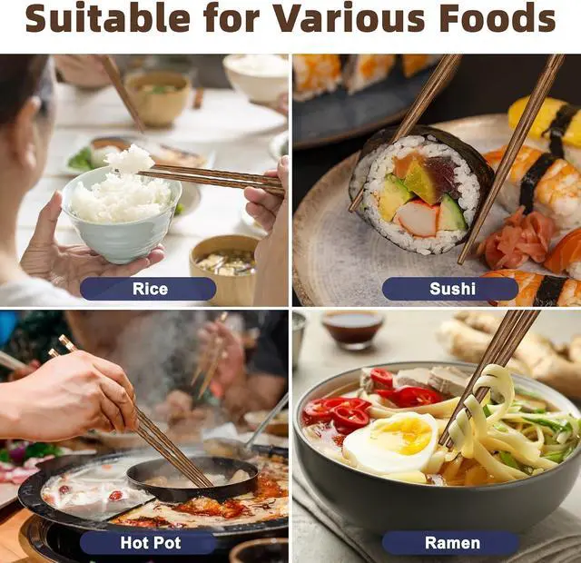Alt view image 7 of 7 - Antner 5 Pairs Wooden Chopsticks Reusable Classic Japanese Style Chop Sticks Dishwasher Safe Hand-Carved Hardwood Chopsticks for Sushi, Ramen, Hot Pot and Asian Cuisine, 8.8 Inch/22.5cm Gift Set