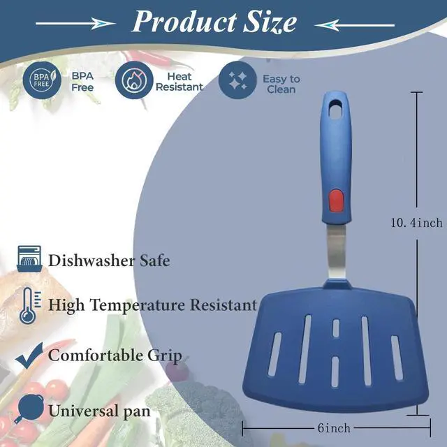 Alt view image 2 of 6 - Silicone Spatula Turner, High Heat Resistant Rubber Baking Spatula, Non-Stick Slotted Wide Fish Slice Spatulas for Cooking, Large Kitchen Utensil for Pancake Omelette Egg - Hazy Blue