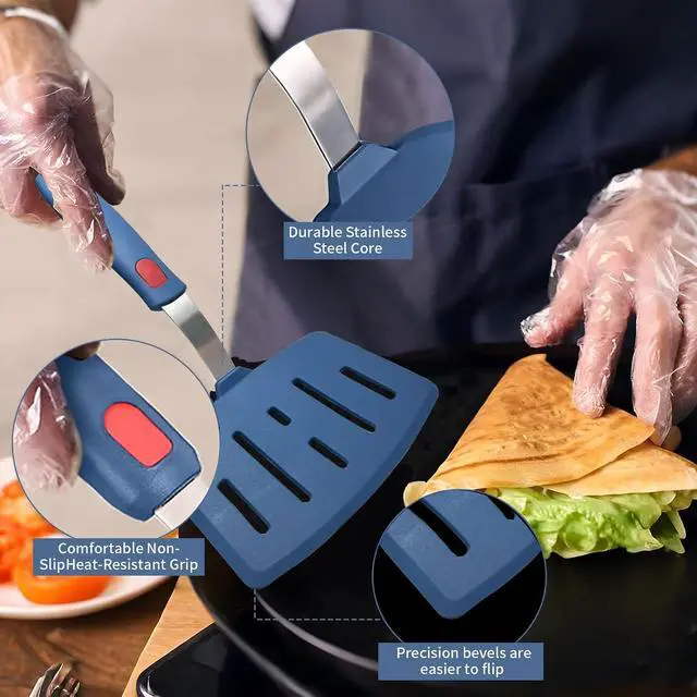 Alt view image 3 of 6 - Silicone Spatula Turner, High Heat Resistant Rubber Baking Spatula, Non-Stick Slotted Wide Fish Slice Spatulas for Cooking, Large Kitchen Utensil for Pancake Omelette Egg - Hazy Blue