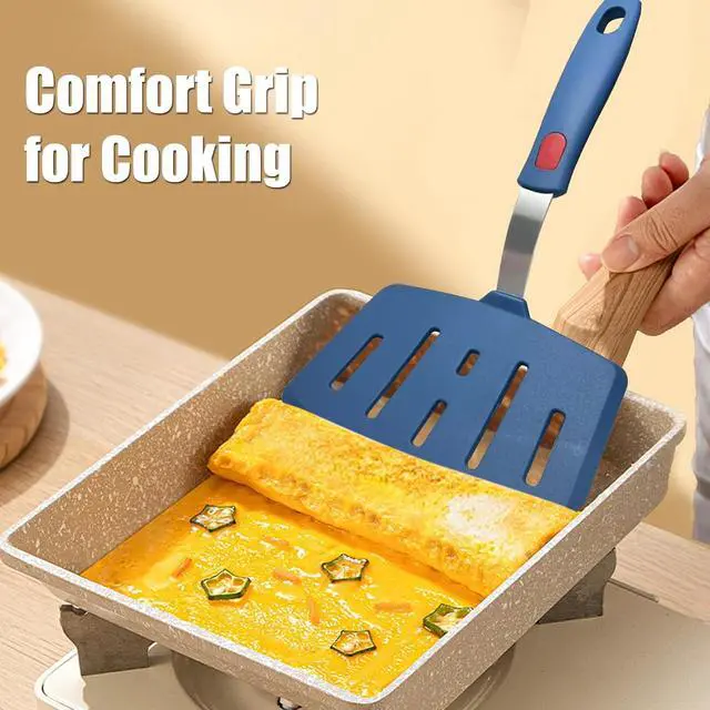 Alt view image 5 of 6 - Silicone Spatula Turner, High Heat Resistant Rubber Baking Spatula, Non-Stick Slotted Wide Fish Slice Spatulas for Cooking, Large Kitchen Utensil for Pancake Omelette Egg - Hazy Blue