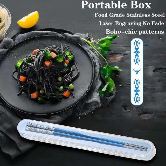Alt view image 5 of 7 - Metal Chopsticks Reusable 1 Pair Stainless Steel Portable Chop Sticks Blue
