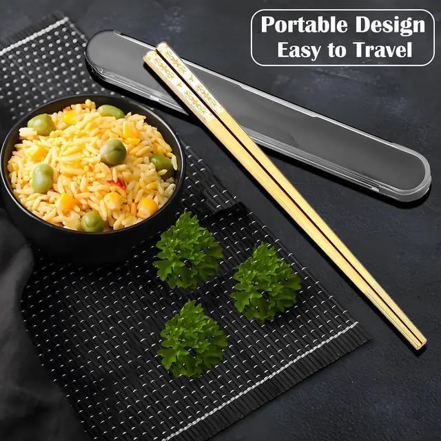 Alt view image 2 of 7 - Stainless Steel Chopsticks for Travel With Case Golden 1 Pair Boho Style