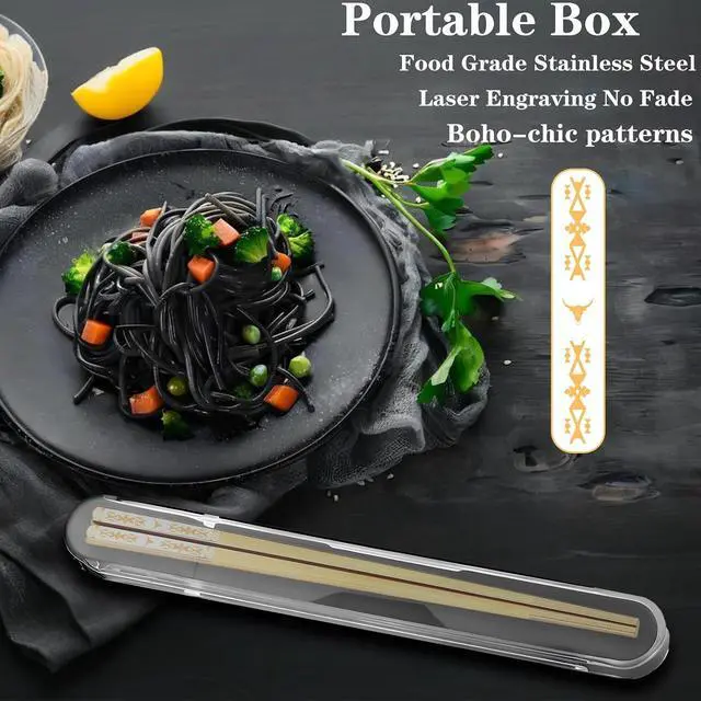 Alt view image 5 of 7 - Stainless Steel Chopsticks for Travel With Case Golden 1 Pair Boho Style