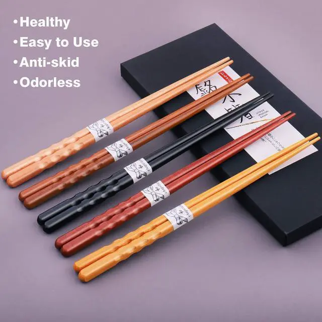 Alt view image 2 of 7 - GLAMFIELDS Reusable Chopsticks Japanese Natural Wooden 5 Pairs Classic Style Lightweight Hand-Carved Safe Chop Sticks 8.8 Inch/22.5cm Gift Set