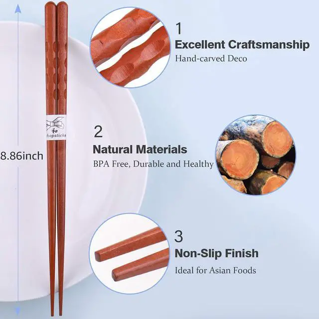 Alt view image 3 of 7 - GLAMFIELDS Reusable Chopsticks Japanese Natural Wooden 5 Pairs Classic Style Lightweight Hand-Carved Safe Chop Sticks 8.8 Inch/22.5cm Gift Set
