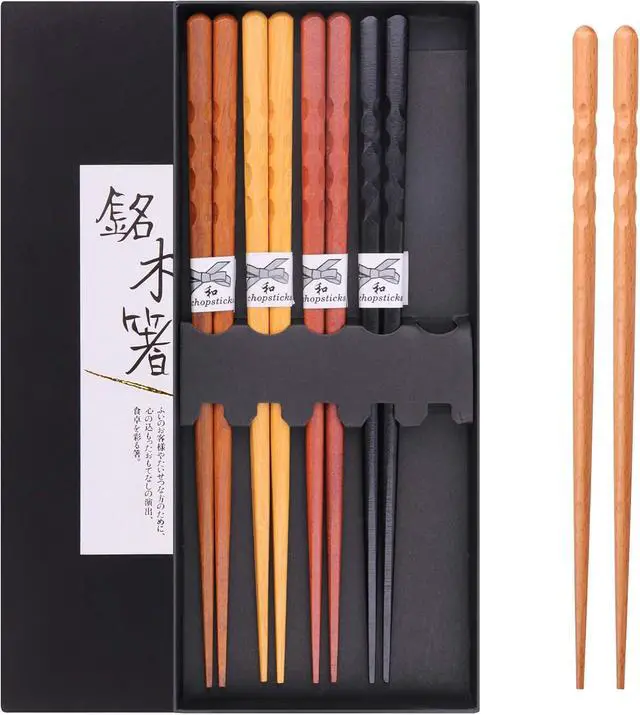 Alt view image 7 of 7 - GLAMFIELDS Reusable Chopsticks Japanese Natural Wooden 5 Pairs Classic Style Lightweight Hand-Carved Safe Chop Sticks 8.8 Inch/22.5cm Gift Set