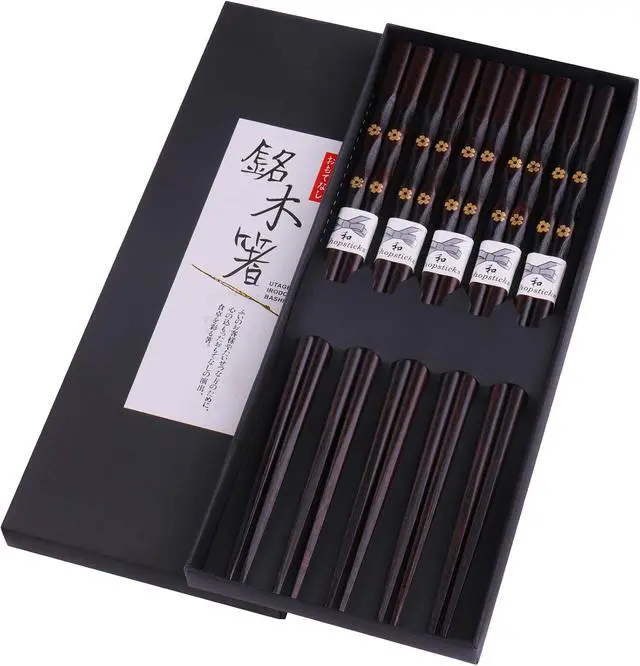 Main image of 5 Pairs Chopsticks Wooden, Glamfields Reusable Chop sticks, Non-slip Japanese Style gift set