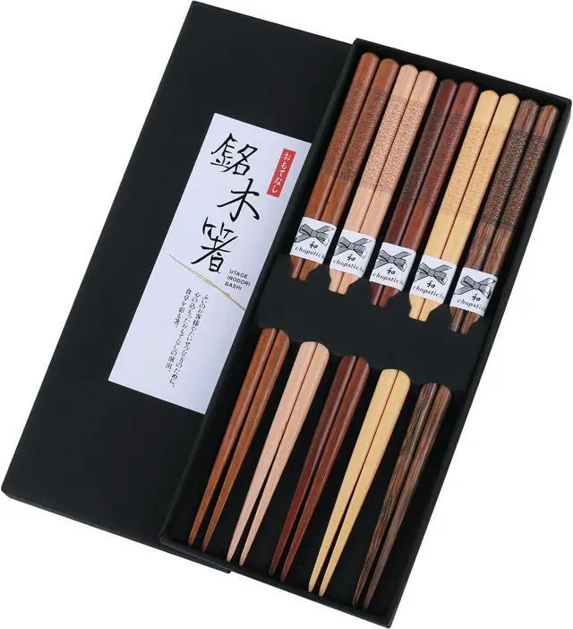 Main image of Reusable ChopsticksGLAMFIELDS Japanese Natural Wooden 5 Pairs Hand-Carved Classic Style Lightweight Safe Chop Sticks 8.8 Inch/22.5cm Gift Set