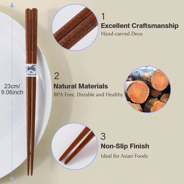 Alt view image 2 of 7 - Reusable ChopsticksGLAMFIELDS Japanese Natural Wooden 5 Pairs Hand-Carved Classic Style Lightweight Safe Chop Sticks 8.8 Inch/22.5cm Gift Set