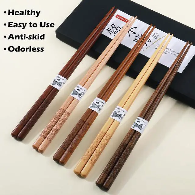 Alt view image 3 of 7 - Reusable ChopsticksGLAMFIELDS Japanese Natural Wooden 5 Pairs Hand-Carved Classic Style Lightweight Safe Chop Sticks 8.8 Inch/22.5cm Gift Set