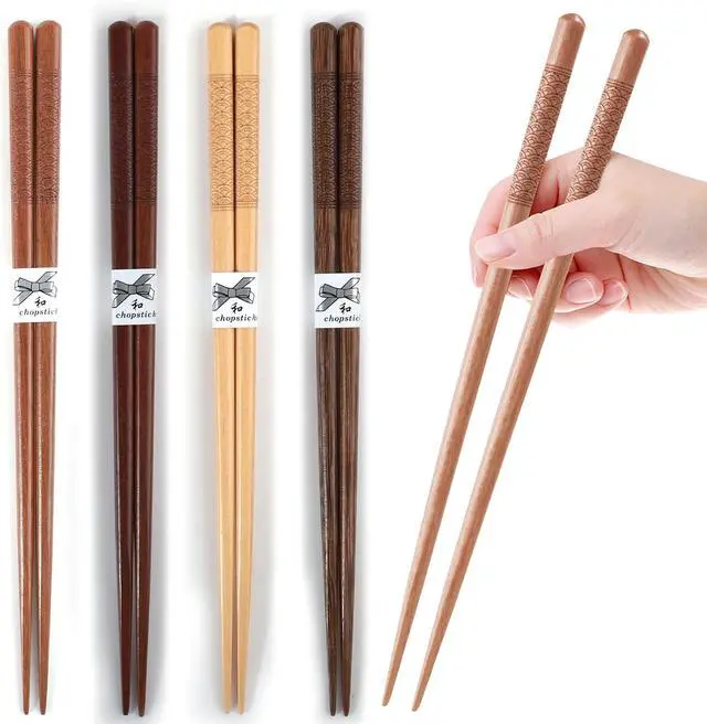 Alt view image 4 of 7 - Reusable ChopsticksGLAMFIELDS Japanese Natural Wooden 5 Pairs Hand-Carved Classic Style Lightweight Safe Chop Sticks 8.8 Inch/22.5cm Gift Set