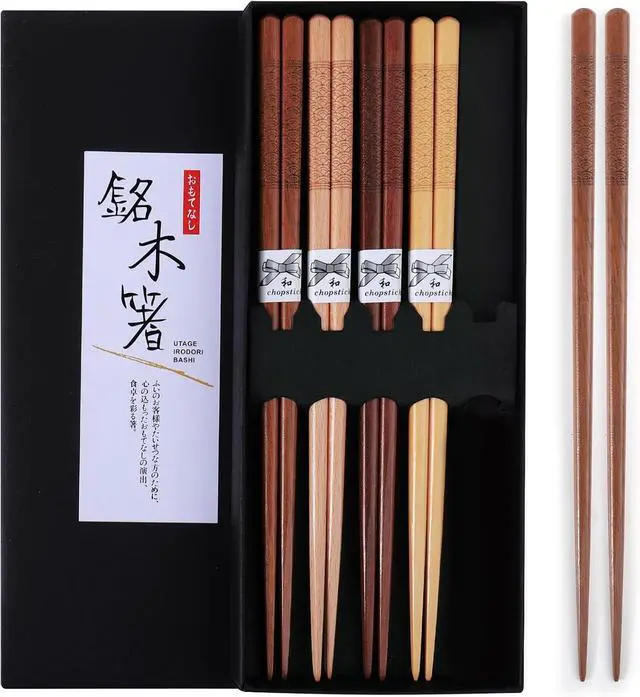 Alt view image 7 of 7 - Reusable ChopsticksGLAMFIELDS Japanese Natural Wooden 5 Pairs Hand-Carved Classic Style Lightweight Safe Chop Sticks 8.8 Inch/22.5cm Gift Set