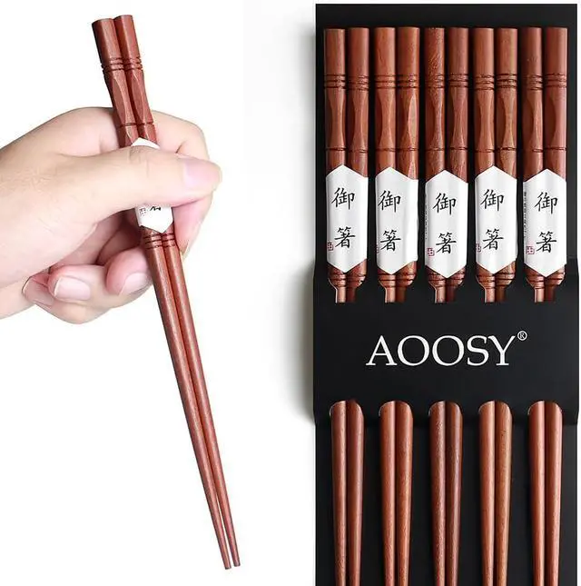 Main image of 5-Pair Reusable Wooden Chopsticks, AOOSY Hand-Carved Rosewood Chop Sticks