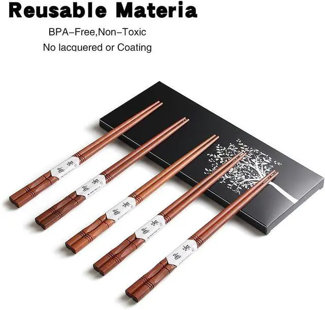 Alt view image 7 of 7 - 5-Pair Reusable Wooden Chopsticks, AOOSY Hand-Carved Rosewood Chop Sticks