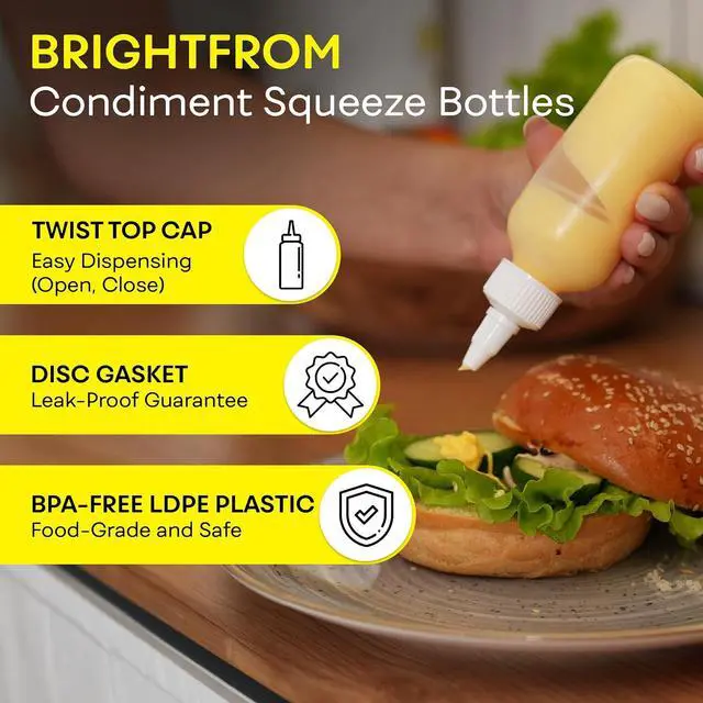 Alt view image 2 of 7 - BRIGHTFROM Condiment Squeeze Bottles - 4 OZ Squirt Empty Bottles, Twist Top Cap, Leak Proof - Great for Ketchup, Mustard, Syrup, Sauces, Dressing, Oil, Arts and Crafts, BPA-FREE Plastic - 3 PACK