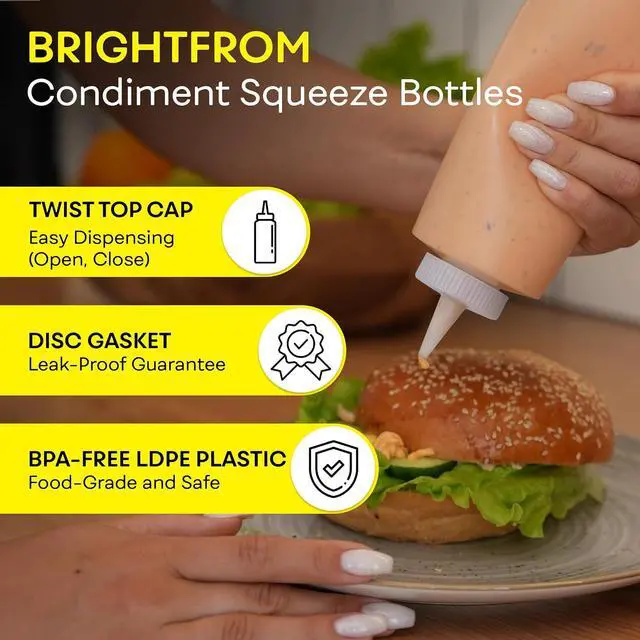 Alt view image 2 of 7 - BRIGHTFROM Condiment Squeeze Bottles 16 OZ Wide Neck, Empty Squirt Bottles - Removable Top-Cap, Leak Proof for Ketchup, Mustard, Syrup, Sauces, Dressing, Oil, Arts & Crafts, BPA FREE Plastic - 2 PACK