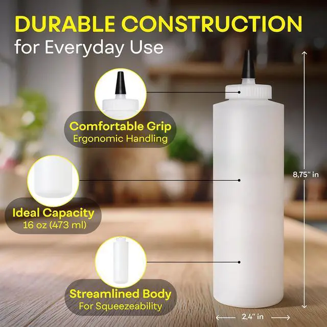 Alt view image 3 of 7 - BRIGHTFROM Condiment Squeeze Bottles 16 OZ Wide Neck, Empty Squirt Bottles - Removable Top-Cap, Leak Proof for Ketchup, Mustard, Syrup, Sauces, Dressing, Oil, Arts & Crafts, BPA FREE Plastic - 2 PACK