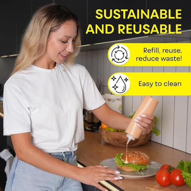Alt view image 7 of 7 - BRIGHTFROM Condiment Squeeze Bottles 16 OZ Wide Neck, Empty Squirt Bottles - Removable Top-Cap, Leak Proof for Ketchup, Mustard, Syrup, Sauces, Dressing, Oil, Arts & Crafts, BPA FREE Plastic - 2 PACK