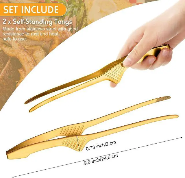 Alt view image 2 of 6 - Patelai 2 Pieces Korean and Japanese BBQ Tongs Non Slip Cooking Utensils Stainless Steel Tongs for Serving Food, Salad, Camping, Barbecue, Buffet, Oven with Support Stand (Gold)