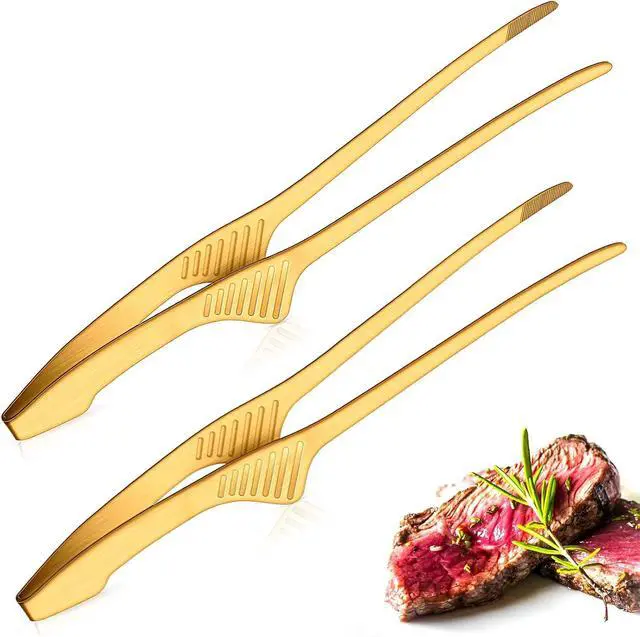 Main image of Patelai 2 Pieces Korean and Japanese BBQ Tongs Non Slip Cooking Utensils Stainless Steel Tongs for Serving Food, Salad, Camping, Barbecue, Buffet, Oven with Support Stand (Gold)