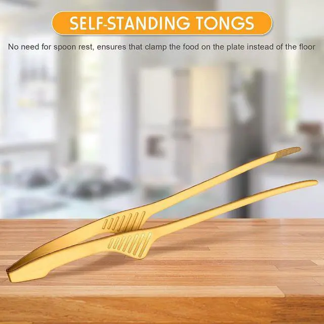 Alt view image 4 of 6 - Patelai 2 Pieces Korean and Japanese BBQ Tongs Non Slip Cooking Utensils Stainless Steel Tongs for Serving Food, Salad, Camping, Barbecue, Buffet, Oven with Support Stand (Gold)