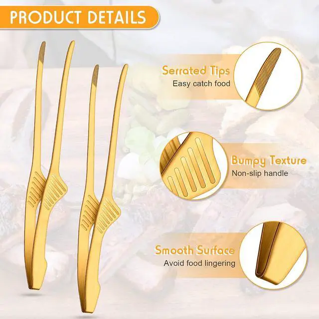 Alt view image 3 of 6 - Patelai 2 Pieces Korean and Japanese BBQ Tongs Non Slip Cooking Utensils Stainless Steel Tongs for Serving Food, Salad, Camping, Barbecue, Buffet, Oven with Support Stand (Gold)