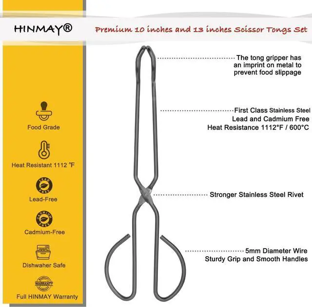 Alt view image 2 of 6 - HINMAY 10" 13" Stainless Steel Kitchen Scissor Tongs, Set of 2