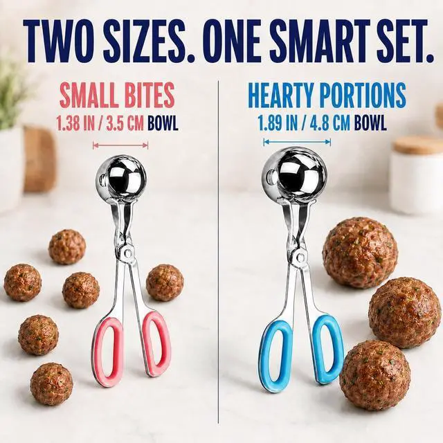 Alt view image 2 of 7 - Meat Baller Tongs 2-Pack Food Grade Stainless Steel Meatball Maker Set (1.38 & 1.89) with Non-Slip Handles for Meatballs, Cake Pops & Cookies