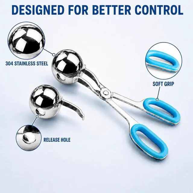 Alt view image 5 of 7 - Meat Baller Tongs 2-Pack Food Grade Stainless Steel Meatball Maker Set (1.38 & 1.89) with Non-Slip Handles for Meatballs, Cake Pops & Cookies