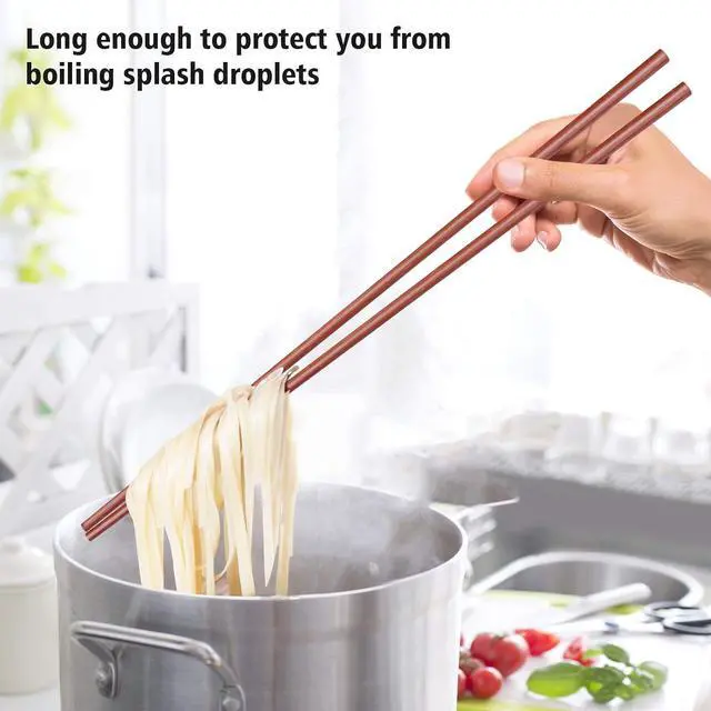 Alt view image 5 of 7 - GLAMFIELDS 16.5 Inches Wooden Cooking Chopsticks Reusable for Noodles Frying Hotpot Extra Long Kitchen Chop Sticks Brown 2 Pairs