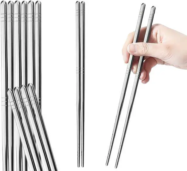 Main image of Premium Reusable Stainless Steel Chopsticks - 5 Pairs, 9.5 Inch, Square, Non-Slip, Dishwasher Safe, Use for Home, Kitchen, Hotel, Restaurant
