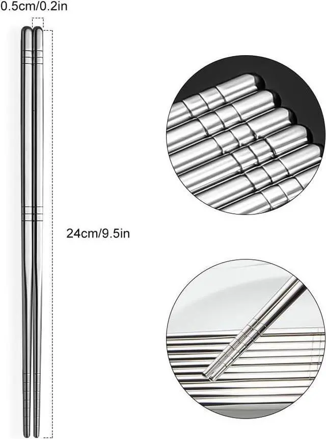 Alt view image 2 of 6 - Premium Reusable Stainless Steel Chopsticks - 5 Pairs, 9.5 Inch, Square, Non-Slip, Dishwasher Safe, Use for Home, Kitchen, Hotel, Restaurant
