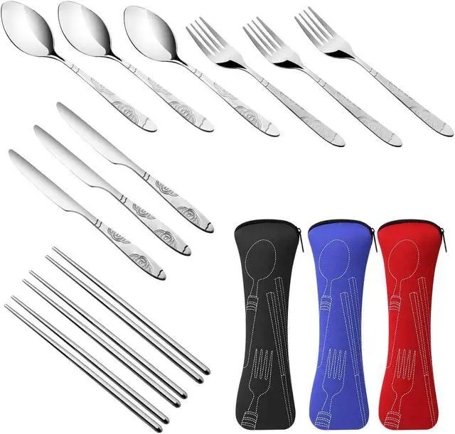 Alt view image 3 of 7 - Arroyner 3 Pack Reusable Flatware Sets Knife, Fork, Spoon, Chopsticks, 12Pcs Portable Travel Stainless Steel Tableware Dinnerware with Carrying Case