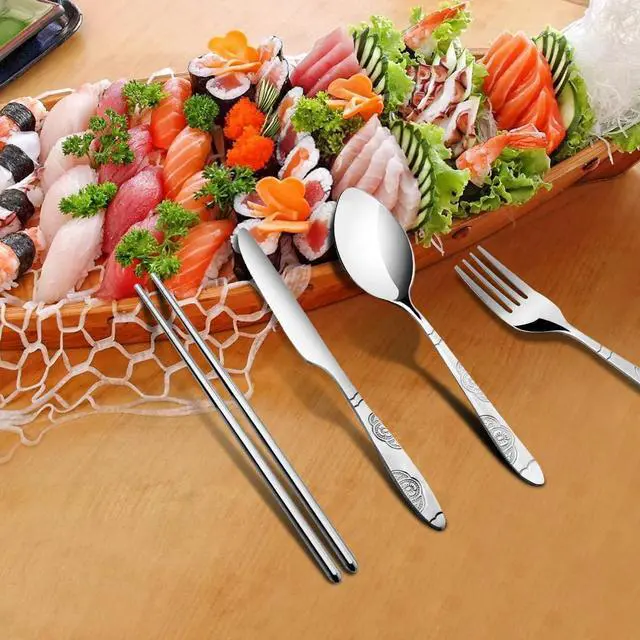 Alt view image 6 of 7 - Arroyner 3 Pack Reusable Flatware Sets Knife, Fork, Spoon, Chopsticks, 12Pcs Portable Travel Stainless Steel Tableware Dinnerware with Carrying Case